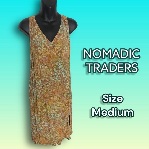NOMADIC Traders Brown Green Floral Shift A-Line Tunic Tank Dress Medium - Picture 1 of 15